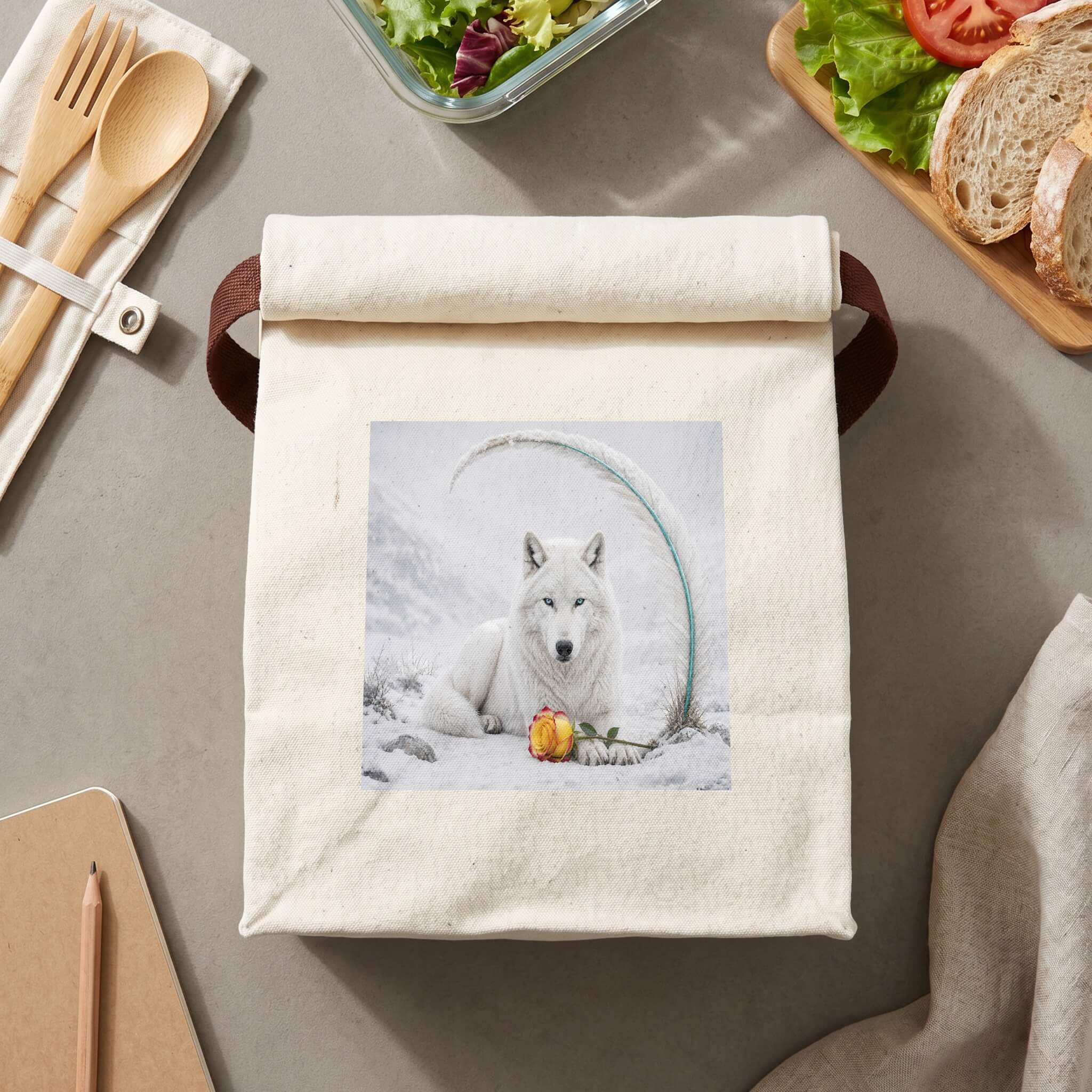 Canvas Lunch Bag with White Wolf Rose Tote Bag - A Krazy Bear Original - Image 2