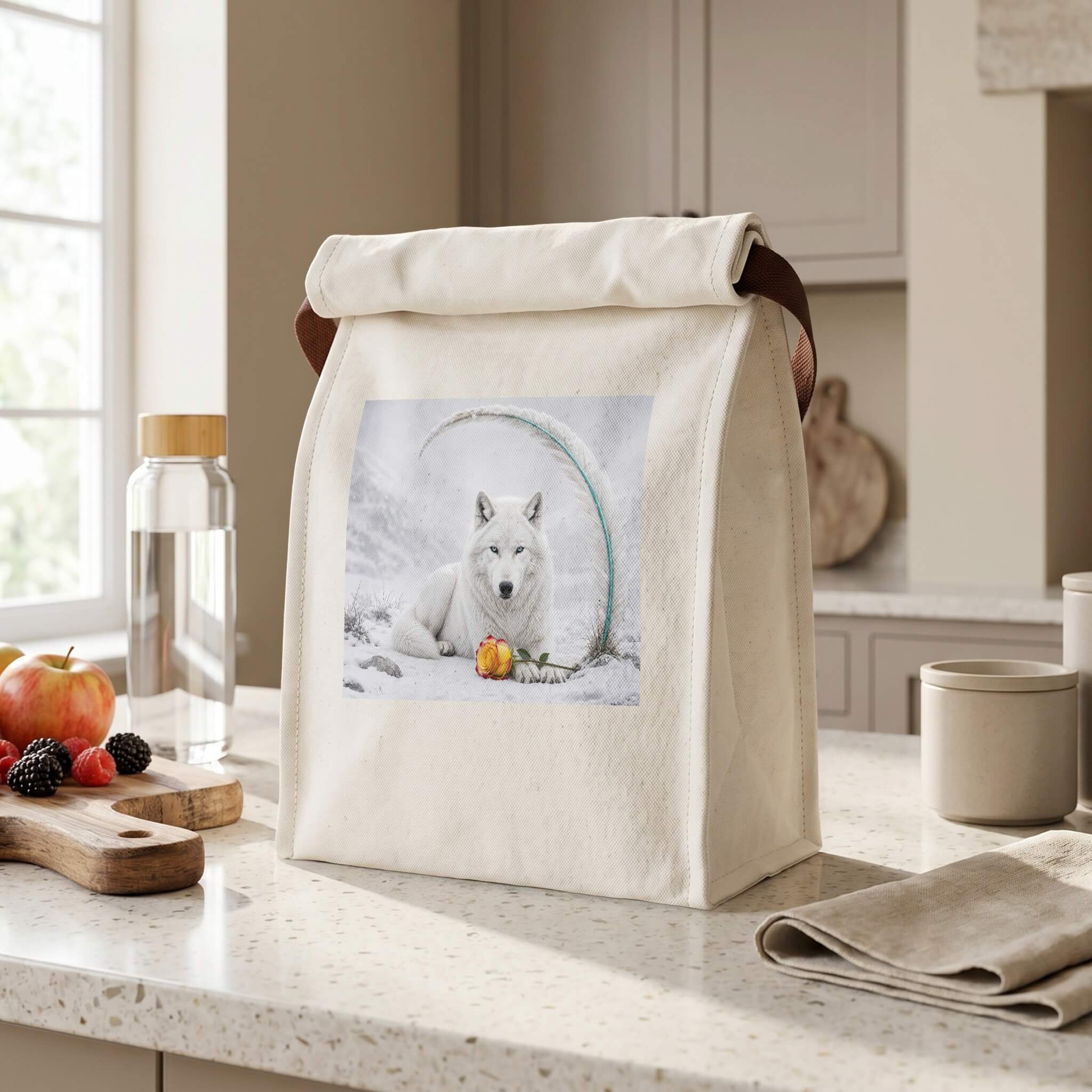 Canvas Lunch Bag with White Wolf Rose Tote Bag - A Krazy Bear Original