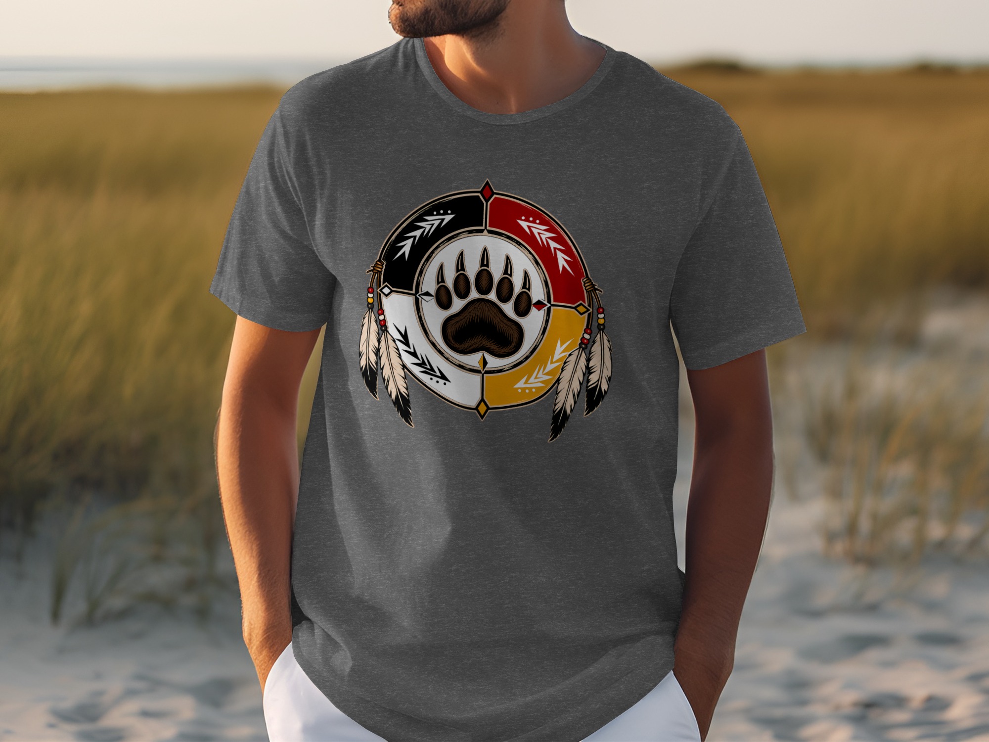 Native American Bear Paw Print Medicine Wheel T-Shirt - Image 3