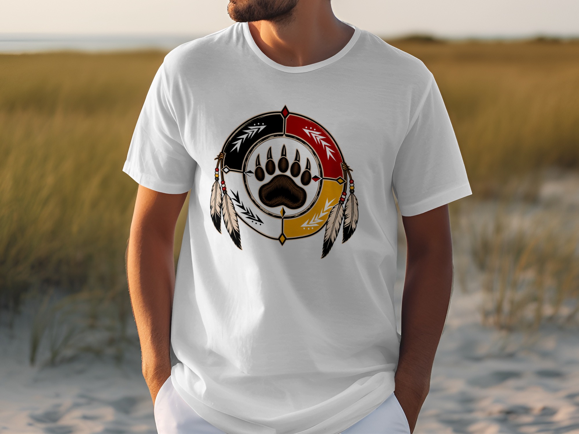 Native American Bear Paw Print Medicine Wheel T-Shirt - Image 7